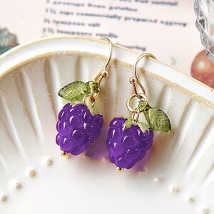 Purple Grape Drop Earrings with Green Leaf Accent